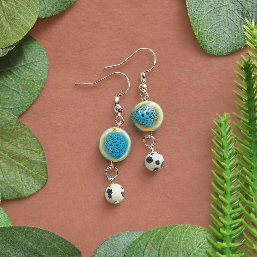 Blue Ceramic & Dalmatian Jasper Dangle Earrings, Small Drops